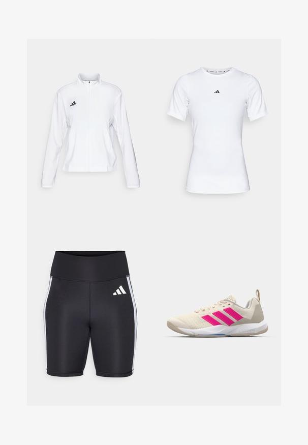 adidas Performance ADIZERO ESSENTIALS - Juoksutakki - white; Valkoinen urheilupaita lyhyillä hihoilla, valmistettu sileästä ja joustavasta kankaasta. Rinnassa on pieni musta Adidas-logo.; Musta urheilu shortsit, joissa on korkea vyötärö, valkoiset sivuraidat ja pieni valkoinen logo. Sileä kangas ja slim fit -muotoilu.; Beige urheilujalkine, jossa on vaaleanpunainen kolmonen-striippi-logo, teksturoitu verkko-yläosa, pehmustettu kaulus ja valkoinen kumipohja, jossa on "LIGHTSTRIKE" -brändäys.