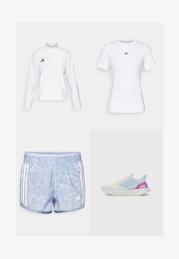 adidas Performance ADIZERO ESSENTIALS - Runningjack - white; Witte sportshirt met korte mouwen, gemaakt van zachte, rekbare stof. Voorzien van een klein zwart Adidas-logo op de borst.; Lichtblauwe hardloopshorts met een subtiele luipaardprint, elastische tailleband en drie witte strepen aan elke zijkant.; adidas Performance PUREBOOST 5 - Hardloopschoenen voor op de weg - white/glow blue/purple burst