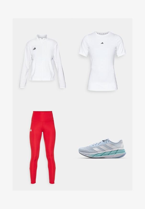 adidas Performance ADIZERO ESSENTIALS - Runningjack - white; Witte sportshirt met korte mouwen, gemaakt van zachte, rekbare stof. Voorzien van een klein zwart Adidas-logo op de borst.; adidas Performance Hardlooplegging - team power red; Lichtblauwe sportschoenen met een gestructureerde breitbovenkant, witte accenten en een doorzichtige groene tussenzool. Ronde neus en gevoerde kraag.