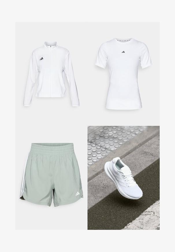 adidas Performance ADIZERO ESSENTIALS - Striukė bėgimui - white; Balta sportinė maikutė trumpomis rankovėmis, pagaminta iš lygaus, elastingo audinio. Ant krūtinės yra mažas juodas Adidas logotipas.; Šviesiai žali sportiniai šortai su elastinga juostele, baltais šonų juostelėmis ir mažuoju baltu logotipu apatiniame dešiniajame šone.; Baltas sportinis batelis su tinklinio audiniu, raišteliais ir tekstūruotu padu. Diskretiška prekės ženklų simbolika ir be siūlių konstrukcijos detalės matomos.
