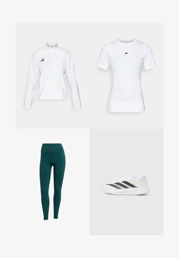 adidas Performance ADIZERO ESSENTIALS - Runningjack - white; Witte sportshirt met korte mouwen, gemaakt van zachte, rekbare stof. Voorzien van een klein zwart Adidas-logo op de borst.; Teal legging met een hoge taille, gemaakt van rekbaar materiaal, met een zachte textuur en een aansluitende pasvorm, ideaal voor actieve kleding.; Witte sportschoen met zwarte diagonale strepen, bovenwerk van gaas, ronde neus en gestructureerde zool. Accenten zijn onder andere een zilveren hak en een minimalistisch ontwerp.