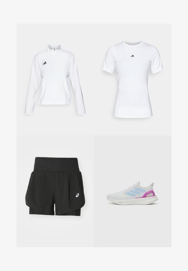adidas Performance ADIZERO ESSENTIALS - Bežecká bunda - white; Biela športová tričko s krátkymi rukávmi, vyrobené z hladkej, elastickej tkaniny. Obsahuje malé čierne logo Adidas na hrudi.; Čierne atletické šortky s priedušným sieťovaným povrchom, vnútorné šortky s hladkou textúrou a bielym logom na ľavej strane.; adidas Performance PUREBOOST 5 - Cestná bežecká obuv - white/glow blue/purple burst