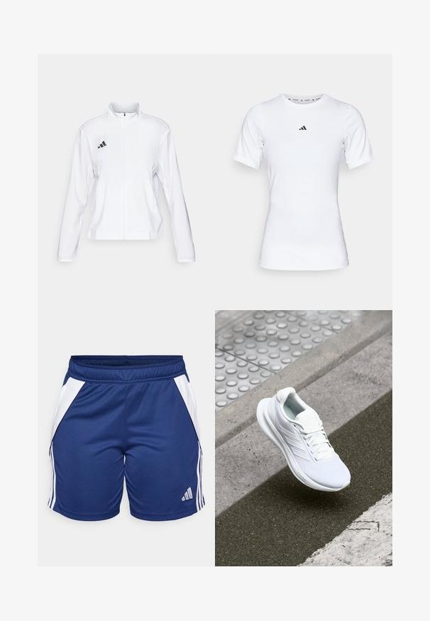 adidas Performance ADIZERO ESSENTIALS - Sporta jaka - white; Balts sporta krekls ar īsām piedurknēm, izgatavots no gludas, elastīgas auduma. Uz krūšu ir neliels melns Adidas logo.; Tumši zili sporta šorti ar baltām sānu daļām, izgatavoti no gludas auduma, ar elastīgu jostasvietu un Adidas logotipu apakšmalā.; Balta sporta apava, kas izgatavota no acu materiāla, ar sasaistes dizainu un teksturētu zoli. Redzamas smalkas zīmola detaļas un bezšuvju konstrukcija.