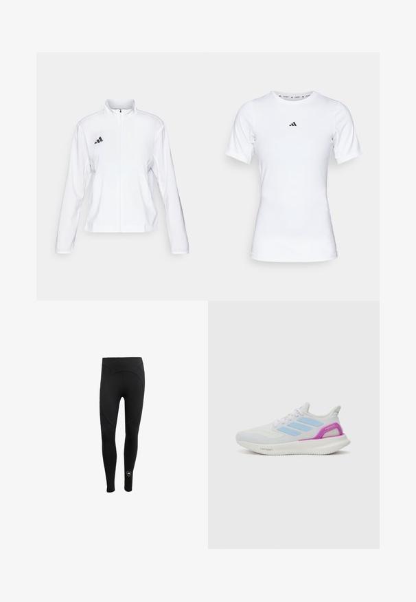 adidas Performance ADIZERO ESSENTIALS - Löparjacka - white; Vit idrottströja med korta ärmar, tillverkad i ett slätt, stretchigt material. Har en liten svart Adidas-logotyp på bröstet.; Kvinnors svarta leggings i stretchmaterial, med hög midja och sömlös design med en cirkulär bakpanel och logodetalj.; adidas Performance PUREBOOST 5 - Väglöparskor - white/glow blue/purple burst