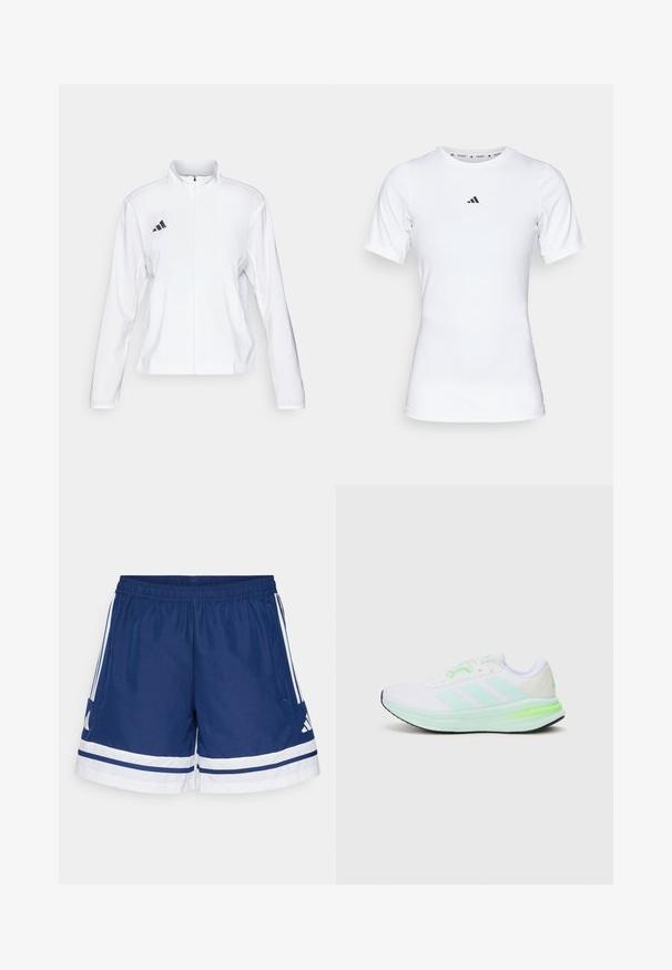 adidas Performance ADIZERO ESSENTIALS - Laufjacke - white; Weißes Sportshirt mit kurzen Ärmeln, aus glattem, dehnbarem Stoff. Mit kleinem schwarzem Adidas-Logo auf der Brust.; Marineblaue Sportshorts mit einem elastischen Bund, weißen Akzenten und drei Streifen an jeder Seite; aus leichtem, atmungsaktivem Material gefertigt.; Weißer Sportschuh mit Mesh-Obermaterial, limettengrünen Akzenten und schwarzer Sohle. Verfügt über ein Drei-Streifen-Design an der Seite und einen gepolsterten Kragen.