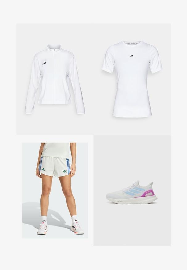 adidas Performance ADIZERO ESSENTIALS - Veste de running - white; T-shirt de sport blanc à manches courtes, fabriqué en tissu lisse et extensible. Doté d'un petit logo noir Adidas sur la poitrine.; Shorts de sport blancs avec des rayures bleues et un logo vert. Associés à des baskets blanches et noires et des chaussettes blanches. Design simple.; adidas Performance PUREBOOST 5 - Chaussures de running sur route - white/glow blue/purple burst