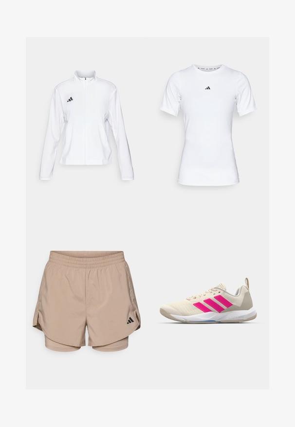 adidas Performance ADIZERO ESSENTIALS - Striukė bėgimui - white; Balta sportinė maikutė trumpomis rankovėmis, pagaminta iš lygaus, elastingo audinio. Ant krūtinės yra mažas juodas Adidas logotipas.; Šviesiai rudų sportinių šortų su juosmeniu, su šoninėmis įpjovomis ir vidiniais šortais. Juodas Adidas logotipas kairiajame apatiniame kampe. Lygi medžiagos tekstūra.; Bežiniai sportiniai bateliai su rožinėmis trimis juostomis, tekstūruota tinklelio viršutinė dalis, paminkštinta apykaklė ir balta guma neslystančia padu, turintys "LIGHTSTRIKE" prekės ženklą.