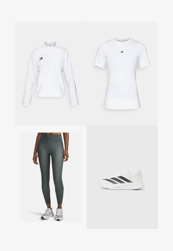 adidas Performance ADIZERO ESSENTIALS - Striukė bėgimui - white; Balta sportinė maikutė trumpomis rankovėmis, pagaminta iš lygaus, elastingo audinio. Ant krūtinės yra mažas juodas Adidas logotipas.; Aukštos juosmens leggingai, pagaminti iš lygios, tamprios medžiagos, muted green spalvos, su šoninėmis siūlėmis ir prigludusia konstrukcija.; Baltos sportinės bateliai su juodomis įstrižainėmis, tinklinė viršutinė dalis, apvalus pirštas ir tekstūruotas padas. Priedai apima sidabrinį kulną ir minimalistinį dizainą.