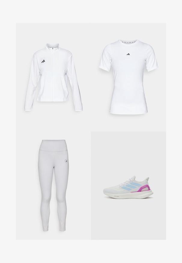adidas Performance ADIZERO ESSENTIALS - Veste de running - white; T-shirt de sport blanc à manches courtes, fabriqué en tissu lisse et extensible. Doté d'un petit logo noir Adidas sur la poitrine.; Leggings gris clair avec une taille haute, texture lisse, et un petit logo noir sur la cuisse gauche. Détails de couture subtils tout au long.; adidas Performance PUREBOOST 5 - Chaussures de running sur route - white/glow blue/purple burst
