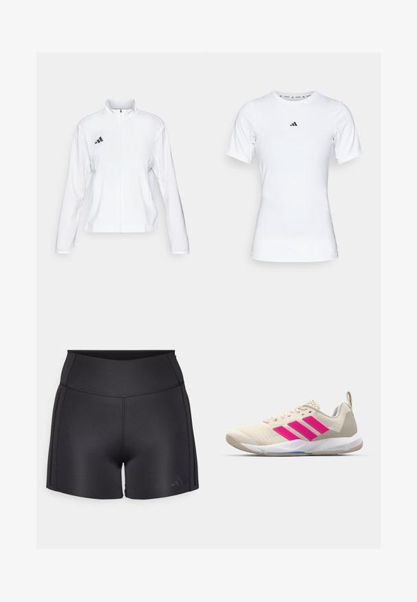 adidas Performance ADIZERO ESSENTIALS - Laufjacke - white; Weißes Sportshirt mit kurzen Ärmeln, aus glattem, dehnbarem Stoff. Mit kleinem schwarzem Adidas-Logo auf der Brust.; Schwarze Sportshorts aus elastischem Material, ausgestattet mit einem hohen Bund, flachen Nähten und einem dezenten Adidas-Logo in der unteren Ecke.; Beige Sportsschuh mit pinkem Dreistreifen-Logo, strukturiertem Mesh-Obermaterial, gepolstertem Schaft und weißer Gummisohle, mit "LIGHTSTRIKE"-Branding.