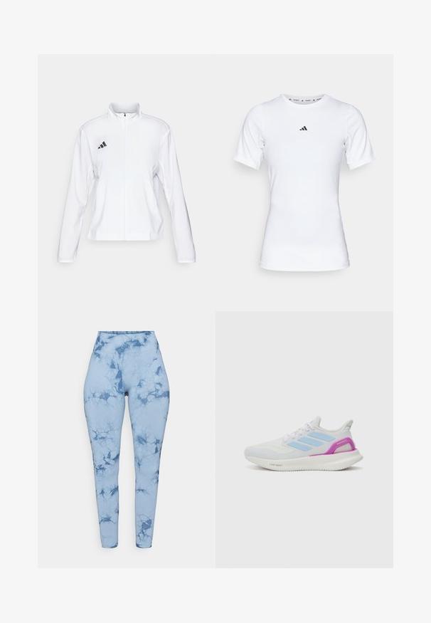 adidas Performance ADIZERO ESSENTIALS - Løpejakke - white; Hvit idrettsskjorte med korte ermer, laget av glatt, elastisk stoff. Har en liten svart Adidas-logo på brystet.; Blå marmor-mønstrede leggings med høy midje, laget av elastisk materiale med en glatt tekstur og tettsittende design.; adidas Performance PUREBOOST 5 - Løpesko for vei - white/glow blue/purple burst