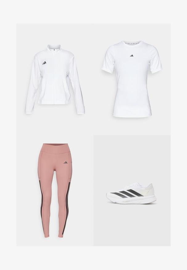 adidas Performance ADIZERO ESSENTIALS - Løbejakker - white; Hvid atletisk skjorte med korte ærmer, lavet af glat, strækbart stof. Har et lille sort Adidas-logo på brystet.; Lyserøde atletiske leggings med sorte sidelæg og høj talje. Lavet af strækbart stof, med en elegant, tætsiddende silhuet.; Hvide sportsko med sorte diagonale striber, mesh-overdel, rund tå og tekstureret sål. Accenter inkluderer en sølv hæl og et minimalistisk design.