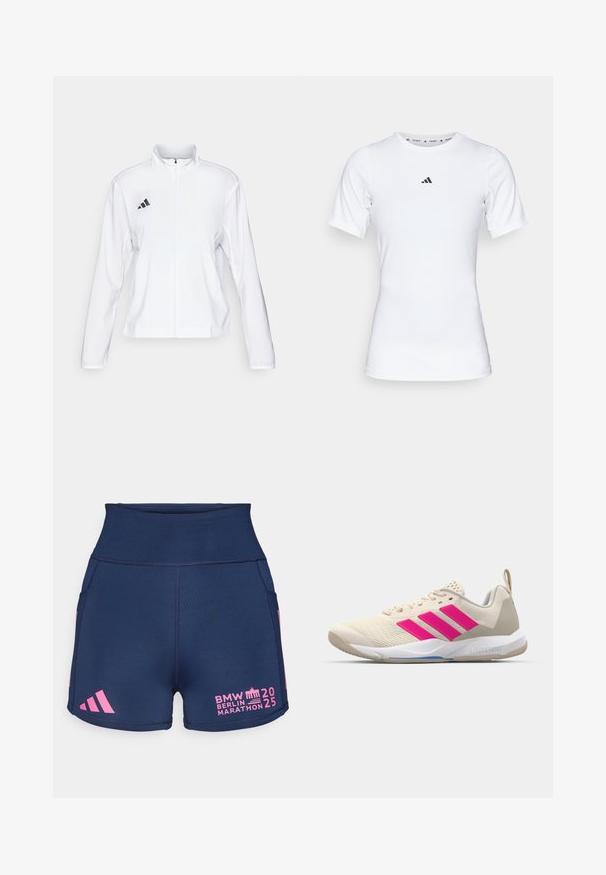 adidas Performance ADIZERO ESSENTIALS - Běžecká bunda - white; Bílé sportovní tričko s krátkým rukávem, vyrobené z hladké, elastické látky. Na hrudi se nachází malé černé logo Adidas.; adidas Performance BER25 SHORT THIGHTS - Krátké běžecké legíny - collegiate navy; Béžová sportovní obuv s růžovým logem tří pruhů, texturovaným síťovaným svrškem, polstrovaným límcem a bílou gumovou podešví, s označením "LIGHTSTRIKE".