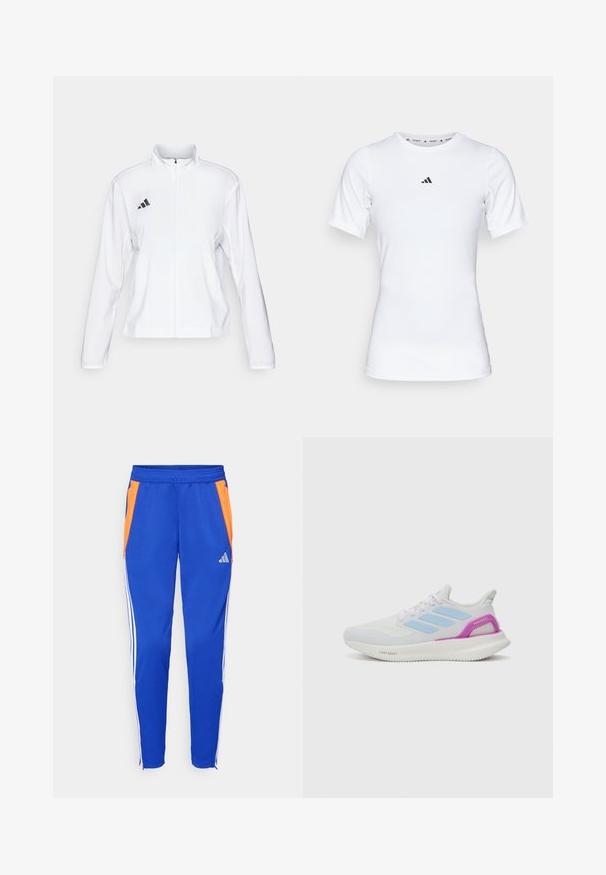 adidas Performance ADIZERO ESSENTIALS - Runningjack - white; Witte sportshirt met korte mouwen, gemaakt van zachte, rekbare stof. Voorzien van een klein zwart Adidas-logo op de borst.; Blauwe sportbroek met oranje zijkanten, witte strepen langs de zijkanten, elastische tailleband en ritsen onderaan. Adidas-logo aanwezig.; adidas Performance PUREBOOST 5 - Hardloopschoenen voor op de weg - white/glow blue/purple burst
