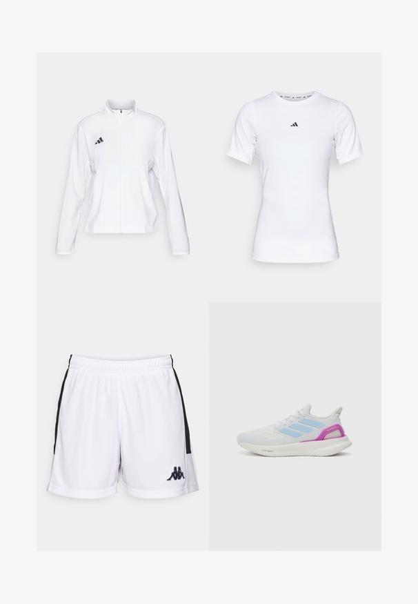 adidas Performance ADIZERO ESSENTIALS - Løpejakke - white; Hvit idrettsskjorte med korte ermer, laget av glatt, elastisk stoff. Har en liten svart Adidas-logo på brystet.; Hvite sportsbukser laget av lett stoff, med svarte sidepaneler og en liten svart logo nederst til venstre på forsiden.; adidas Performance PUREBOOST 5 - Løpesko for vei - white/glow blue/purple burst