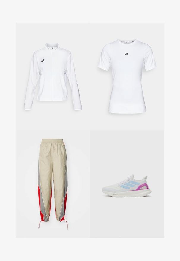 adidas Performance ADIZERO ESSENTIALS - Runningjack - white; Witte sportshirt met korte mouwen, gemaakt van zachte, rekbare stof. Voorzien van een klein zwart Adidas-logo op de borst.; adidas by Stella McCartney PANT - Trainingsbroek - desert sand/active red; adidas Performance PUREBOOST 5 - Hardloopschoenen voor op de weg - white/glow blue/purple burst