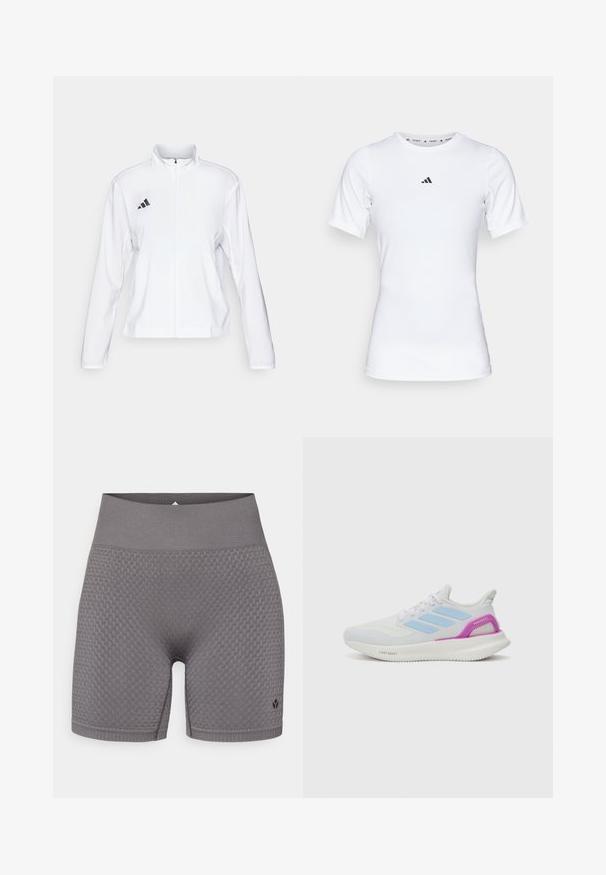 adidas Performance ADIZERO ESSENTIALS - Løpejakke - white; Hvit idrettsskjorte med korte ermer, laget av glatt, elastisk stoff. Har en liten svart Adidas-logo på brystet.; Grå teksturerte sportsbukser med bred elastisk midjebånd og en subtil logo nederst til venstre. Stoffet har et mønstrete design.; adidas Performance PUREBOOST 5 - Løpesko for vei - white/glow blue/purple burst