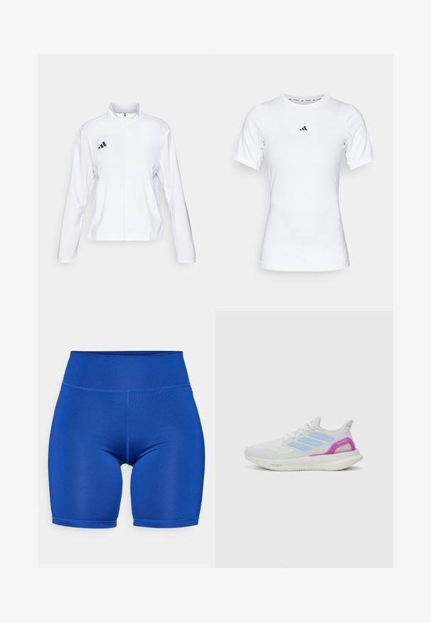 adidas Performance ADIZERO ESSENTIALS - Veste de running - white; T-shirt de sport blanc à manches courtes, fabriqué en tissu lisse et extensible. Doté d'un petit logo noir Adidas sur la poitrine.; ONLY Play ONPJAM JIMBO TRAIN SHORTS - Leggings - surf the web; adidas Performance PUREBOOST 5 - Chaussures de running sur route - white/glow blue/purple burst