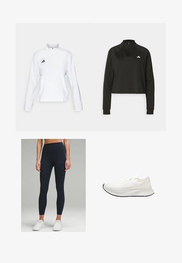 adidas Performance ADIZERO ESSENTIALS - Športna jakna - white; Črn pulover z četrtinskim zadrgo, narejen iz gladkega materiala, z dolgimi rokavi, ki ima visok ovratnik in belo logo na levem prsnem delu.; Hlače z visokim pasom, oprijete, v temno morski barvi, narejene iz raztegljivega materiala. Imajo gladko teksturo in brez vidnih vzorcev ali okraskov.; Bela tekaška obuvala z mrežasto zgornjim delom, lahko zasnovo, gladkim zaobljenim podplatom in črnim gumijastim podplatom. Ima ravne vezalke in minimalne okraske.