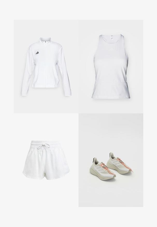 adidas Performance ADIZERO ESSENTIALS - Striukė bėgimui - white; Balta be rankovių sportinė marškinėlių viršutinė dalis su apvaliu iškirpimu, lygiu paviršiumi ir subtiliu toniniu logotipu krūtinėje. Tiesus hemline ties juosmeniu.; Baltos sportinės šortai su elastinga juostos juosta ir reguliuojama raišteliu. Pagaminti iš lengvo audinio, turi šonines kišenes ir laisvą siluetą.; Šviesios spalvos sportiniai batai su tekstūruotu baltu audiniu, oranžinėmis raišteliais ir storu, paminkštintu padu. Šone yra trijų juostų dizainas.