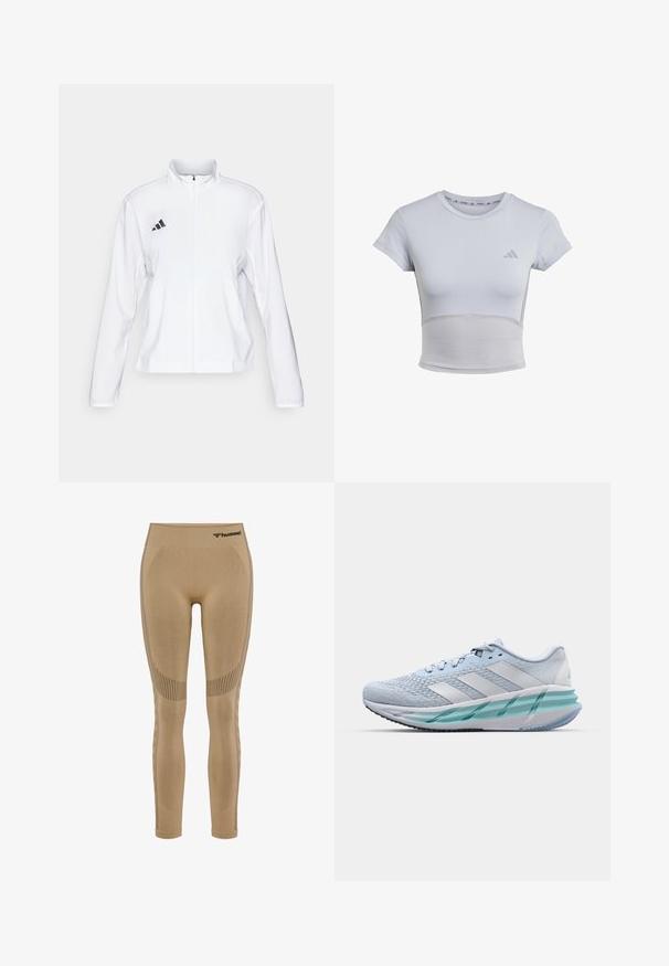 adidas Performance ADIZERO ESSENTIALS - Runningjack - white; adidas Performance Sport T-shirt - halo silver grey; Beige sportleggings met een hoge tailleband, voorzien van textuurpanelen en een logo bovenaan. Gemaakt van rekbaar materiaal voor comfort.; Lichtblauwe sportschoenen met een gestructureerde breitbovenkant, witte accenten en een doorzichtige groene tussenzool. Ronde neus en gevoerde kraag.