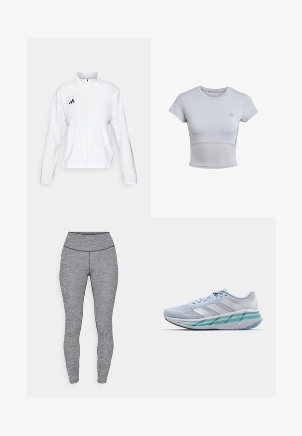 adidas Performance ADIZERO ESSENTIALS - Chaqueta de running - white; adidas Performance Camiseta deportiva - halo silver grey; Leggings grises de cintura alta con una tela texturizada. Diseñados para un ajuste ceñido, con una cinturilla sin costuras y sin hardware visible.; Zapatillas deportivas azul claro con un upper de punto texturizado, acentos blancos y una suela intermedia verde transparente. Punta redondeada y cuello acolchado.