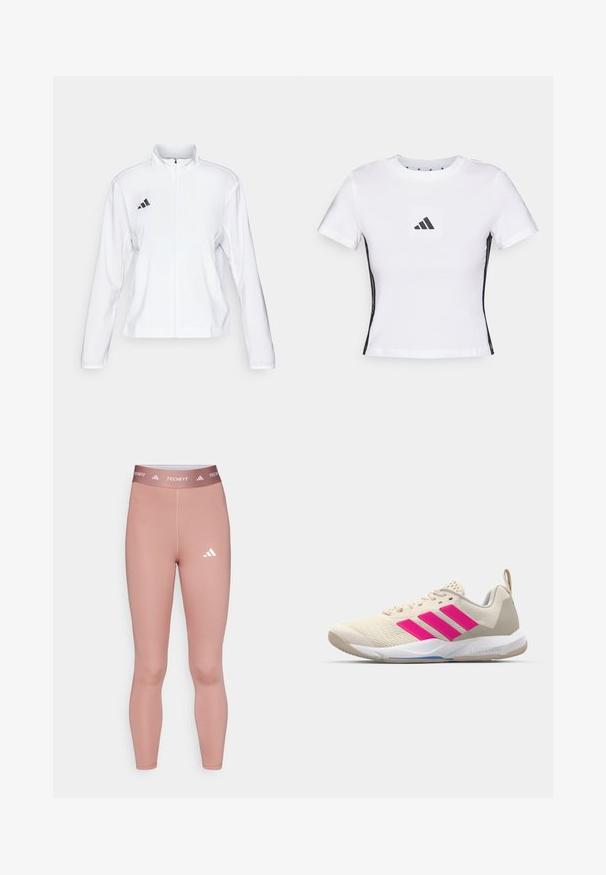adidas Performance ADIZERO ESSENTIALS - Giacca da running - white; T-shirt bianco a maniche corte in cotone, con logo Adidas nero in una patch quadrata e accenti laterali neri. Collo a giroclassico.; Leggings Techfit di colore rosa pallido, realizzati in materiale elastico, con un design aderente e un logo bianco sulla gamba inferiore e sulla vita.; Scarpa sportiva beige con logo a tre strisce rosa, tomaia in rete testurizzata, collo imbottito e suola in gomma bianca, con il marchio "LIGHTSTRIKE".