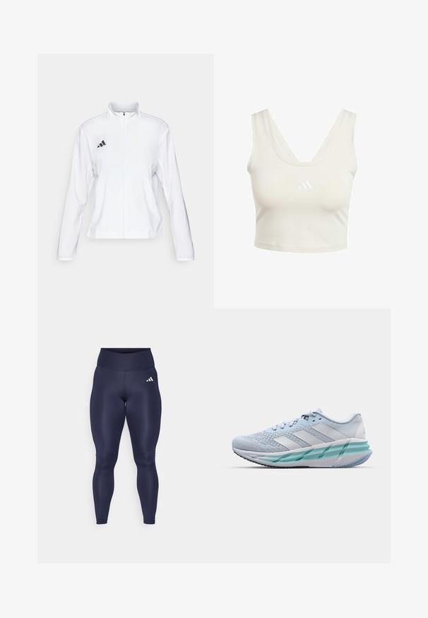 adidas Performance ADIZERO ESSENTIALS - Laufjacke - white; Hellbeiges Crop-Top mit V-Ausschnitt, aus glatt gewebtem Stoff. Verfügt über ein kleines weißes Logo auf der Brust und breite Schulterträger.; adidas Performance Tights - legend ink; Helle blaue Sportschuhe mit einem strukturierten Strickobermaterial, weißen Akzenten und einer transparenten grünen Zwischensohle. Abgerundete Zehenpartie und gepolsterter Schaft.