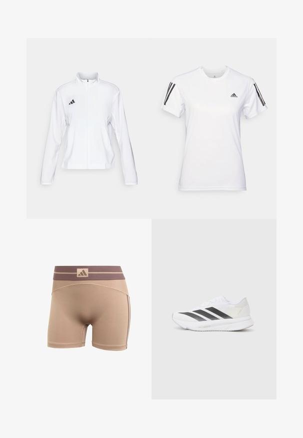 adidas Performance ADIZERO ESSENTIALS - Runningjack - white; Witte sportieve t-shirt gemaakt van glad, lichtgewicht materiaal. Heeft zwarte drie-streep-accenten op de schouders en een klein zwart logo op de borst.; adidas Performance HYPERGLAM - Tights - chalky brown earth strata; Witte sportschoen met zwarte diagonale strepen, bovenwerk van gaas, ronde neus en gestructureerde zool. Accenten zijn onder andere een zilveren hak en een minimalistisch ontwerp.