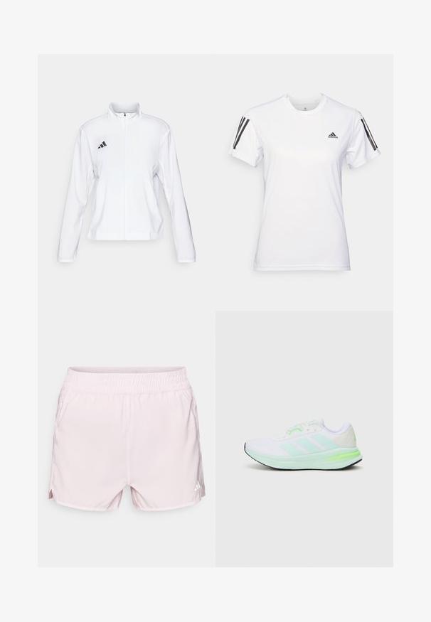adidas Performance ADIZERO ESSENTIALS - Runningjack - white; Witte sportieve t-shirt gemaakt van glad, lichtgewicht materiaal. Heeft zwarte drie-streep-accenten op de schouders en een klein zwart logo op de borst.; Roze sportieve shorts met een elastische tailleband, lichtgewicht stof, zijslitsen en een klein wit logo aan de rechteronderzijde.; Witte sportieve schoen met mesh bovenkant, limoen groene accenten en zwarte zool. Dit model heeft een design met drie strepen aan de zijkant en een gewatteerde kraag.