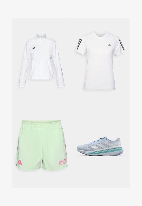 adidas Performance ADIZERO ESSENTIALS - Runningjack - white; Witte sportieve t-shirt gemaakt van glad, lichtgewicht materiaal. Heeft zwarte drie-streep-accenten op de schouders en een klein zwart logo op de borst.; adidas Performance BER25 OTR SHORTS - Korte broeken - semi green spark; Lichtblauwe sportschoenen met een gestructureerde breitbovenkant, witte accenten en een doorzichtige groene tussenzool. Ronde neus en gevoerde kraag.