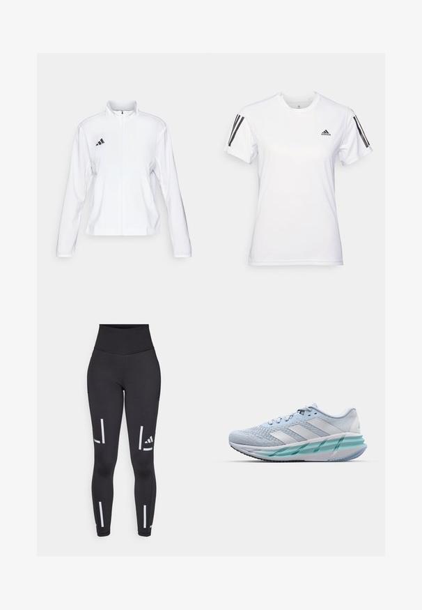adidas Performance ADIZERO ESSENTIALS - Laufjacke - white; Weißes Sport-T-Shirt aus glattem, leichtem Stoff. Mit schwarzen Drei-Streifen-Akzenten auf den Schultern und einem kleinen schwarzen Logo auf der Brust.; Schwarze Leggings mit hohem Bund, aus dehnbarem Material gefertigt. Verfügen über vertikale weiße Streifen und ein Logo in der Nähe des Knöchels und des Oberschenkels.; Helle blaue Sportschuhe mit einem strukturierten Strickobermaterial, weißen Akzenten und einer transparenten grünen Zwischensohle. Abgerundete Zehenpartie und gepolsterter Schaft.