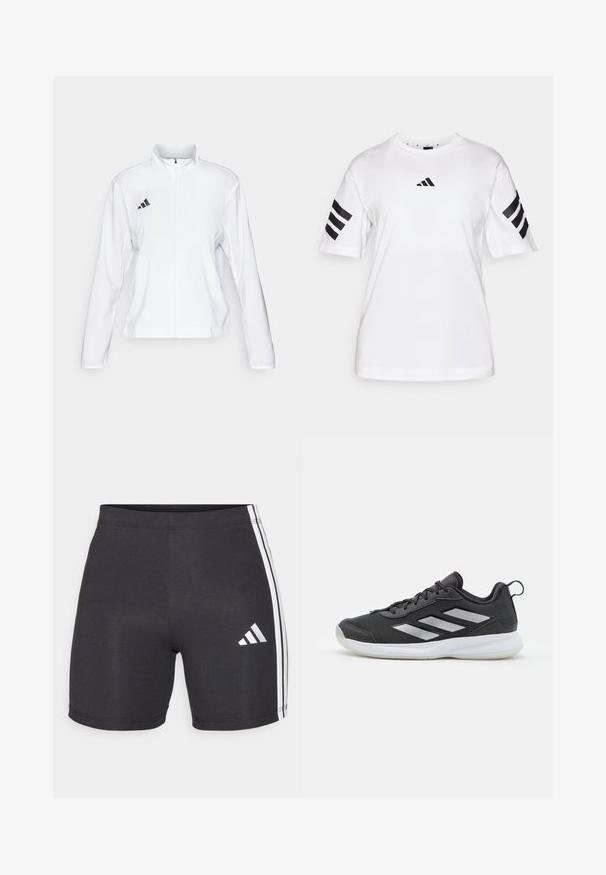 adidas Performance ADIZERO ESSENTIALS - Bežecká bunda - white; Biela bavlnená tričko s čiernym dizajnom troch pruhov na rukávoch a malým čiernym logom Adidas na hrudníku. Okrúhly výstrih.; Čierne športové šortky vyrobené z elastického materiálu, s bielymi bočnými pruhmi a logom Adidas na dolnej pravej nohe. Hladká textura.; Čierna atletická obuv s priedušným sieťovaným zvrškom, reflexné strieborné akcenty a odpružená biela gumová podrážka. Šnurovací dizajn.
