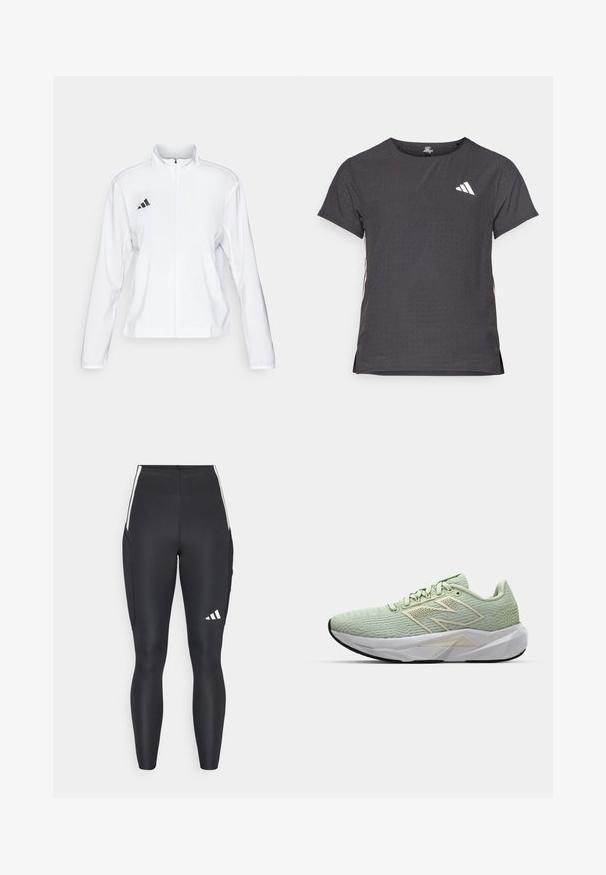 adidas Performance ADIZERO ESSENTIALS - Bežecká bunda - white; Tričko s krátkym rukávom pre šport, tmavosivé s perforovanou textúrou. Obsahuje biele logo a kontrastné bočné pruhy. Okrúhly výstrih.; Čierne športové legíny vyrobené z elastického materiálu. Obsahujú biele postranné akcenty a logo adidas na dolnej časti nohavíc. Celkový hladký povrch.; Svetlozelená bežecká obuv s textúrovaným zvrškom, bielou strednou podrážkou a čiernou podrážkou. Obsahuje dekoratívne akcenty a priedušný sieťovinový dizajn.