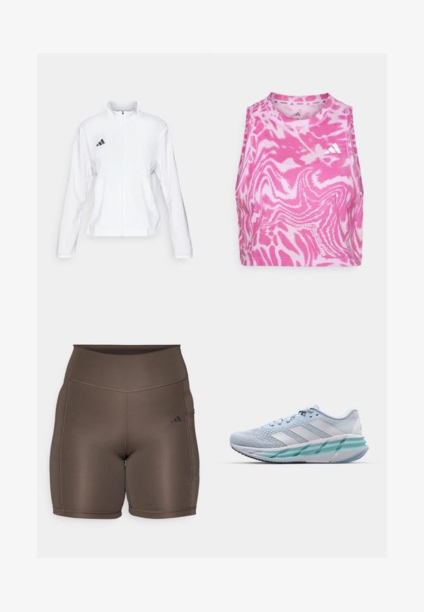 adidas Performance ADIZERO ESSENTIALS - Běžecká bunda - white; Růžový top bez rukávů s vlnitým vzorem, vyrobený z měkké tkaniny; na přední straně, blízko výstřihu, se nachází vyšívané bílé logo.; Hnědé sportovní šortky s hladkou texturou, vysokým pasem a kontrastními tmavými švy. Na levé straně se nachází malé černé logo.; Světlomodré sportovní boty s texturovaným pleteným svrškem, bílými akcenty a průhledným zeleným mezipodešví. Oválná špička a polstrovaný límec.
