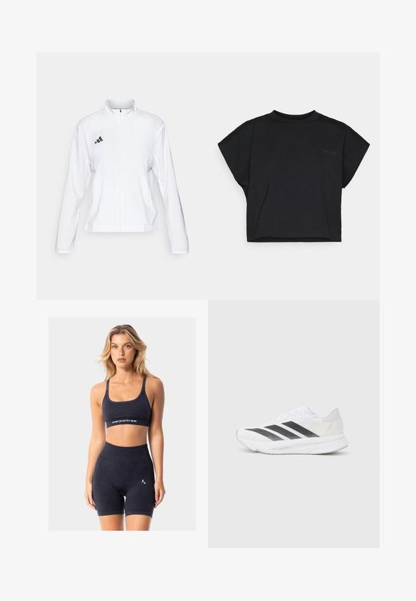 adidas Performance ADIZERO ESSENTIALS - Runningjack - white; Zwarte cropped t-shirt van zacht katoen met korte mouwen en een ronde hals. Heeft een subtiele logo aan de voorkant.; Zwarte atletische crop top met verstelbare bandjes en een logo-band. Gecombineerd met bijpassende high-waisted shorts met een kleine logo-accent.; Witte sportschoen met zwarte diagonale strepen, bovenwerk van gaas, ronde neus en gestructureerde zool. Accenten zijn onder andere een zilveren hak en een minimalistisch ontwerp.