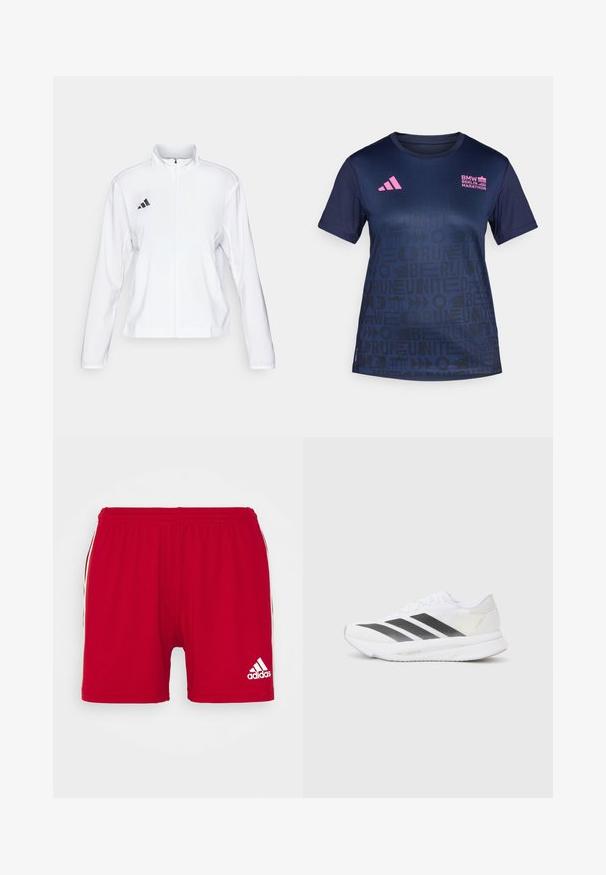 adidas Performance ADIZERO ESSENTIALS - Laufjacke - white; adidas Performance BER25 AOP TEE - Sport T-Shirt - collegiate navy; adidas Performance SQUAD 21 SHO W - Kurze Sporthose - team power red/white; Weißer Sportschuh mit schwarzen diagonalen Streifen, Mesh-Obermaterial, abgerundetem Zehenbereich und strukturiertem Profil. Akzente sind ein silberner Heel und ein minimalistisches Design.