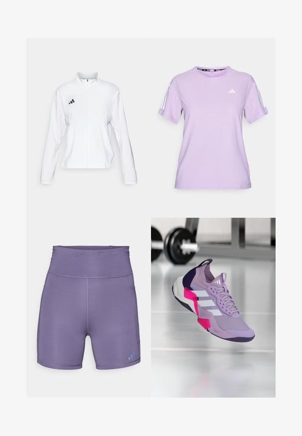 adidas Performance ADIZERO ESSENTIALS - Giacca da running - white; Maglietta atletica corta lilla realizzata in tessuto traspirante, con scollatura rotonda, superficie testurizzata e tre strisce bianche sulle spalle.; Pantaloni sportivi viola con vita alta, texture liscia e logo blu a contrasto in basso a sinistra. Presentano cuciture piatte.; Scarpa sportiva viola con tomaia in rete, strisce bianche, accenti rosa e neri, collo imbottito e suola testurizzata, progettata per le prestazioni.
