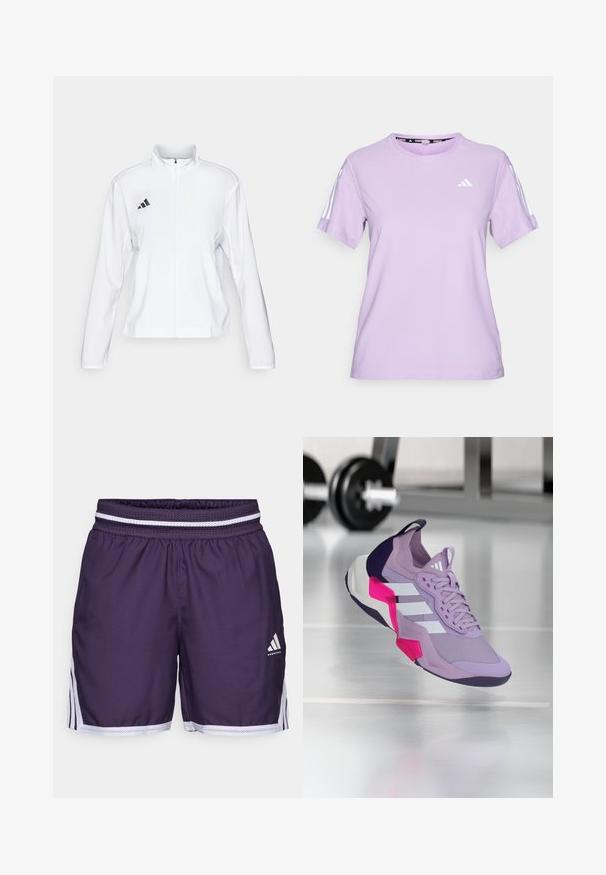 adidas Performance ADIZERO ESSENTIALS - Runningjack - white; Lila sportshirt met korte mouwen, gemaakt van ademende stof, met een ronde halslijn, een gestructureerd oppervlak en drie witte strepen op de schouders.; Paarse basketbalshorts met een elastische tailleband, uitgerust met witte netdetails. Bevat zijkanten met strepen en een logo aan de onderkant van de voorkant.; Paarse sportieve schoen met een bovenwerk van mesh, witte strepen, roze en zwarte accenten, gevoerde kraag en een gestructureerde zool, ontworpen voor prestaties.
