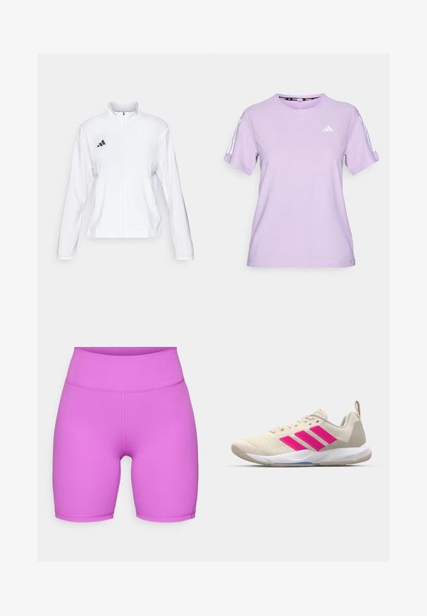 adidas Performance ADIZERO ESSENTIALS - Laufjacke - white; Lila Sport-T-Shirt mit kurzen Ärmeln aus atmungsaktivem Material, mit rundem Ausschnitt, strukturierter Oberfläche und drei weißen Streifen auf den Schultern.; adidas Performance ALL ME ESSENTIALS SHORT LEGGINGS - Tights - purple burst; Beige Sportsschuh mit pinkem Dreistreifen-Logo, strukturiertem Mesh-Obermaterial, gepolstertem Schaft und weißer Gummisohle, mit "LIGHTSTRIKE"-Branding.
