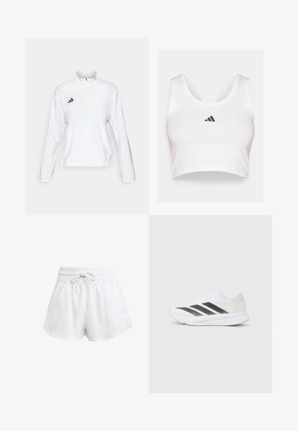 adidas Performance ADIZERO ESSENTIALS - Runningjack - white; Witte crop top van zacht materiaal, met een ronde halslijn en een zwart Adidas-logo op de voorkant. Soepele textuur, mouwloos ontwerp.; Witte sportieve shorts met een elastische tailleband en verstelbaar trekkoord. Gemaakt van lichtgewicht materiaal, met zijzakken en een losse pasvorm.; Witte sportschoen met zwarte diagonale strepen, bovenwerk van gaas, ronde neus en gestructureerde zool. Accenten zijn onder andere een zilveren hak en een minimalistisch ontwerp.