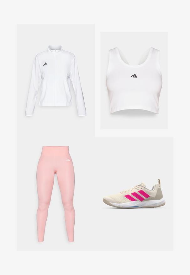 adidas Performance ADIZERO ESSENTIALS - Giacca da running - white; Cropped top bianco realizzato in tessuto morbido, con scollatura rotonda e logo Adidas nero sul davanti. Texture liscia, design senza maniche.; adidas Performance OPT ESS ST 1/1 - Leggings - semi pink spark; Scarpa sportiva beige con logo a tre strisce rosa, tomaia in rete testurizzata, collo imbottito e suola in gomma bianca, con il marchio "LIGHTSTRIKE".