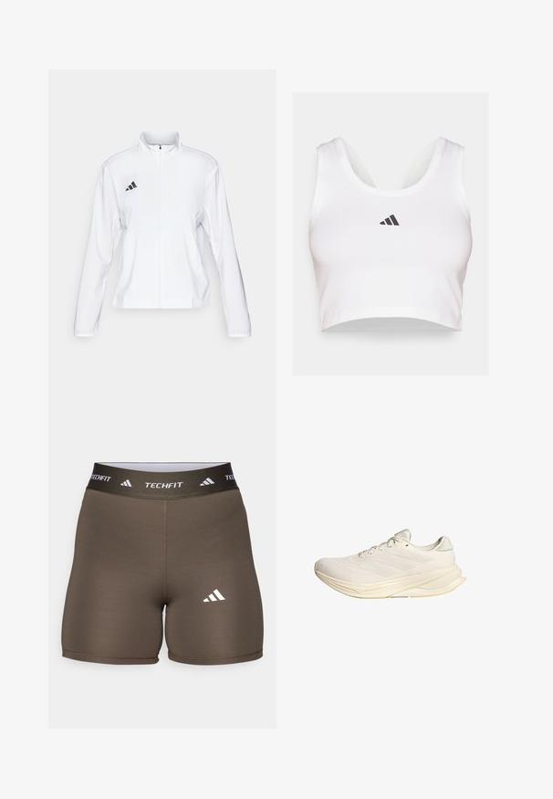 adidas Performance ADIZERO ESSENTIALS - Veste de running - white; Crop top blanc en tissu doux, avec un col rond et un logo Adidas noir à l'avant. Texture lisse, design sans manches.; adidas Performance Leggings - shadow olive; Chaussure de sport beige clair avec une tige en mesh, des lacets plats et une semelle rembourrée. Présente un design à trois bandes sur le côté latéral.