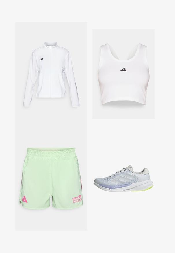 adidas Performance ADIZERO ESSENTIALS - Juoksutakki - white; Valkoinen crop-top pehmeästä kankaasta, jossa on pyöreä kaula-aukko ja musta Adidas-logo edessä. Sileä rakenne, hihaton muotoilu.; adidas Performance BER25 OTR SHORTS - Urheilushortsit - semi green spark; Valkoinen urheilukenkä, jossa on hengittävä verkkomateriaali, teksturoidut yksityiskohdat ja laventelinvärinen korostus. Varustettu pehmustetulla pohjalla, jossa on vihreät ulkopohjaton yksityiskohdat.
