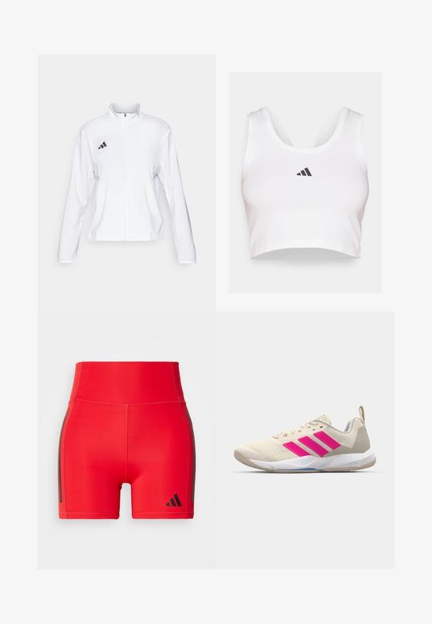 adidas Performance ADIZERO ESSENTIALS - Giacca da running - white; Cropped top bianco realizzato in tessuto morbido, con scollatura rotonda e logo Adidas nero sul davanti. Texture liscia, design senza maniche.; Shorts sportivi rossi con vita alta, realizzati in materiale elasticizzato, con strisce laterali nere e un logo in rilievo nell'angolo inferiore.; Scarpa sportiva beige con logo a tre strisce rosa, tomaia in rete testurizzata, collo imbottito e suola in gomma bianca, con il marchio "LIGHTSTRIKE".