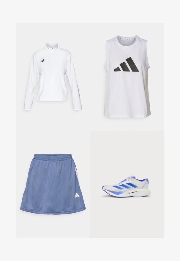 adidas Performance ADIZERO ESSENTIALS - Sportdzseki - white; Fehér ujjatlan sportpóló kerek nyakkivágással, amelyen elöl egy nagy fekete Adidas-logo található, amely három csíkból áll.; Kék sport szoknya struktúrált mintával, rugalmas derékkal és fehér Adidas logóval az alsó jobb oldalon.; Könnyű futócipő fehér hálós anyagból, kék kiegészítőkkel. Sleek dizájn, párnázott talp, és három kék átlós csíkkal az oldalon.