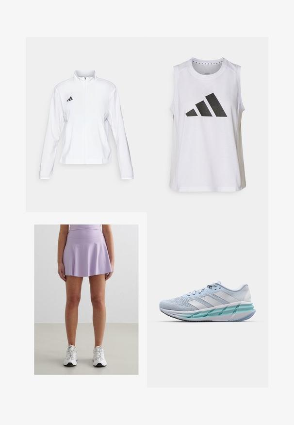 adidas Performance ADIZERO ESSENTIALS - Laufjacke - white; Weißes ärmelloses Sportoberteil mit rundem Halsausschnitt, das auf der Vorderseite ein großes schwarzes Adidas-Logo aus drei Streifen aufweist.; Lila Sportrock mit schwingendem Saum, aus einem glatten, elastischen Stoff gefertigt. Kombiniert mit weißen Sneakers mit grauen Akzenten.; Helle blaue Sportschuhe mit einem strukturierten Strickobermaterial, weißen Akzenten und einer transparenten grünen Zwischensohle. Abgerundete Zehenpartie und gepolsterter Schaft.
