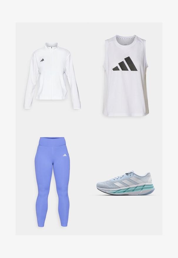 adidas Performance ADIZERO ESSENTIALS - Chaqueta de running - white; Top atlético blanco sin mangas con escote redondo, que presenta un gran logo de Adidas en negro compuesto por tres franjas en la parte frontal.; Leggings morados con textura de canalé, hechos de una tela elástica, con una cinturilla alta y un pequeño logo blanco en el muslo superior.; Zapatillas deportivas azul claro con un upper de punto texturizado, acentos blancos y una suela intermedia verde transparente. Punta redondeada y cuello acolchado.