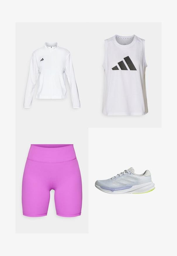 adidas Performance ADIZERO ESSENTIALS - Giacca da running - white; Top atletico bianco senza maniche con scollatura rotonda, caratterizzato da un grande logo Adidas nero composto da tre strisce sul davanti.; adidas Performance ALL ME ESSENTIALS SHORT LEGGINGS - Leggings - purple burst; Scarpa da ginnastica bianca con tomaia in rete traspirante, design texturizzato e dettagli in lavanda. Presenta una suola ammortizzata con dettagli verde sulla suola.