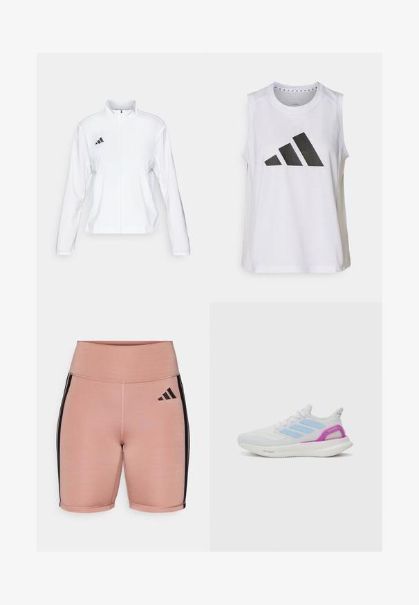 adidas Performance ADIZERO ESSENTIALS - Running jacket - white; White sleeveless athletic top with round neckline, featuring a large black Adidas logo composed of three stripes on the front.; Pink athletic shorts with a high waist, made from stretchy material. Features black side stripes and the Adidas logo on the left side.; adidas Performance PUREBOOST 5 - Road running shoes - white/glow blue/purple burst